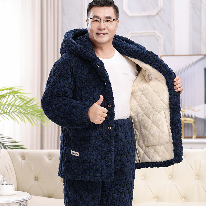 가을과 겨울 남성 두건 파자마 산호 양털 3 층 면화 겨울 기모 두껍게 된 중년 및 노인 아빠 할아버지