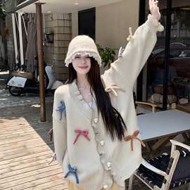 新款甜美减龄立体蝴蝶结毛衣女2025秋冬设计感木耳边宽松针织外套