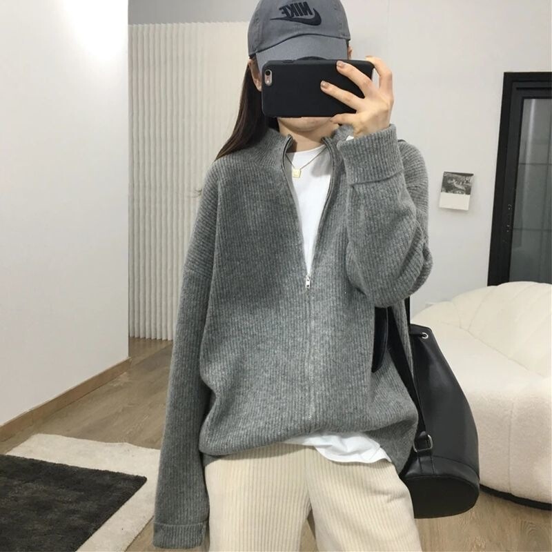 Korean Style Zipper Solid Color Sweater Versatile Knitted Cardigan for Women Spring and Autumn New Lazy Style Casual Loose Jacket Trendy Korean Style Zipper Solid Color Sweater Versatile Knitted Cardigan for Women Spring and Autumn New Lazy Style Casual Loose Jacket Trendy