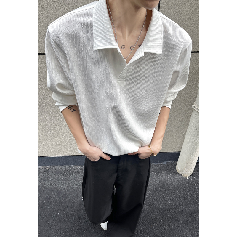 Wrinkled Texture White Polo Shirt For Men, Long-sleeved, New Spring Style, Solid Color, Simple Base Shirt, Large Size,_voghion.com