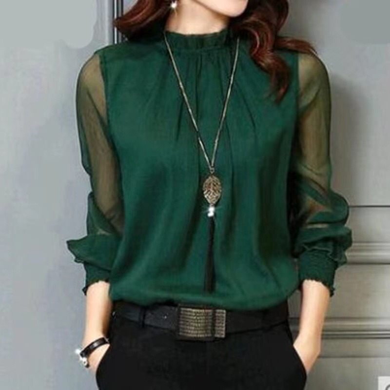 Chiffon Shirt for Women, Spring and Autumn 2026 New Design, Unique and Stylish, Black Long-Sleeve Lace V-Neck Top for Women