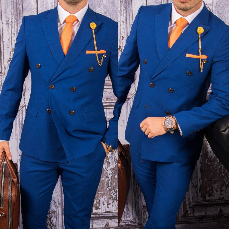Customized Blue Business Men's Suit Double-Breasted Standard Version Tuxedo Groom's Pants Formal Jacket