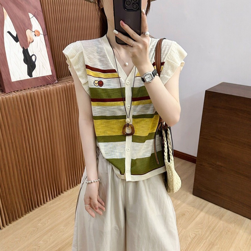 Smiley Face Embroidered Striped Knit Cardigan for Women, 2026 Summer New Korean Style, Lightweight, Slimming, Elegant, Versatile Top, Trendy