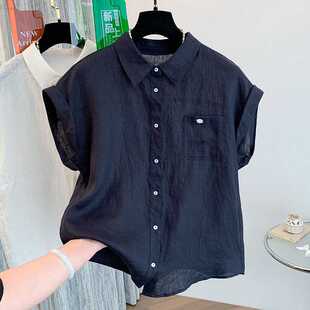 Real Shot of Unique and Beautiful Pure Linen Rolled Edge Short-Sleeved Lapel Shirt for Women Summer Thin Elegant Shirt Top