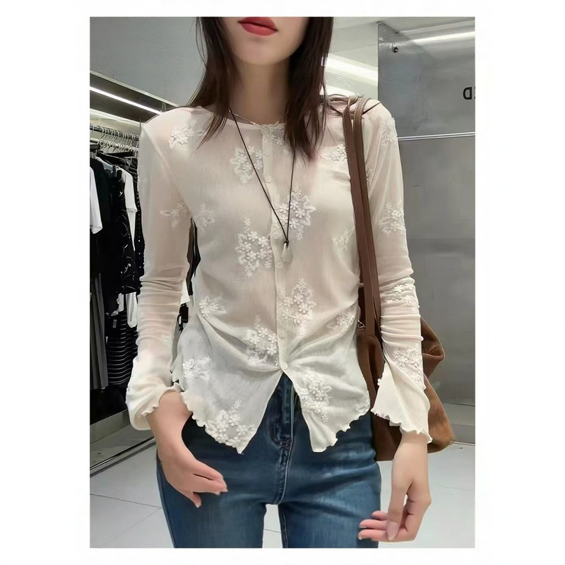 Lace Embroidered Shirt for Women, Summer Lightweight Ruffle Edge Blouse, Lace Embroidered Shirt for Women