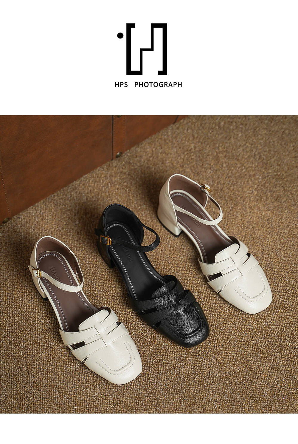 Sandal nữ da cừu mũi nhọn quai khóa gót thô 9 cm — đen chi tiết 11