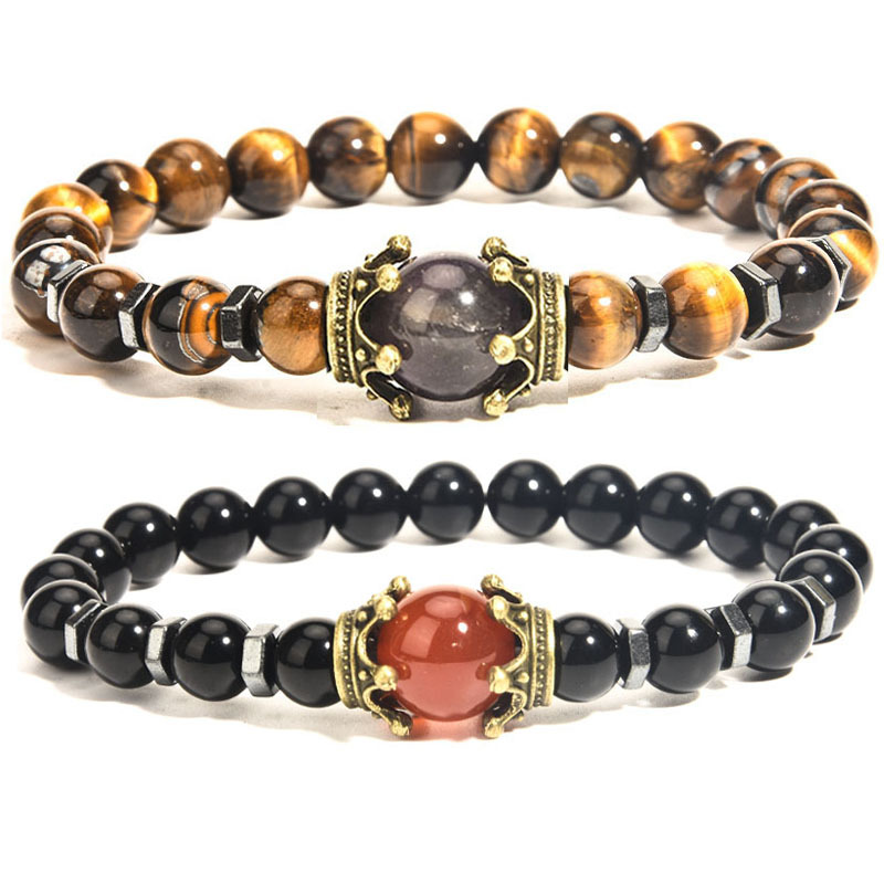 2PCS  2023 New product launched, fashionable and luxurious Crown men's jewelry brace, amethyst tiger eye stone couple_voghion.com