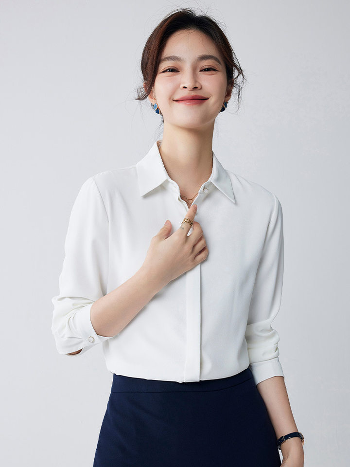 Áo sơ mi voan dài tay nữ cổ vuông, thiết kế chống lộ, phom rủ mềm mại — Trắng-dài tay-nữ