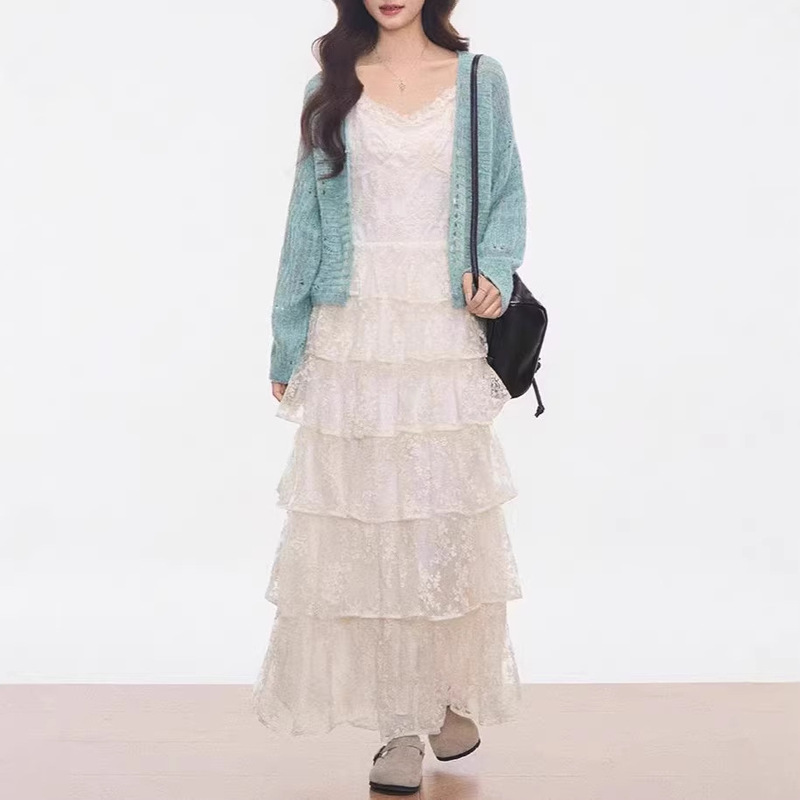 Mint Green Sweater Cardigan + Lace Cake Suspender Dress for Women Spring and Summer New Style Mint Green Sweater Cardigan + Lace Cake Suspender Dress for Women Spring and Summer New Style