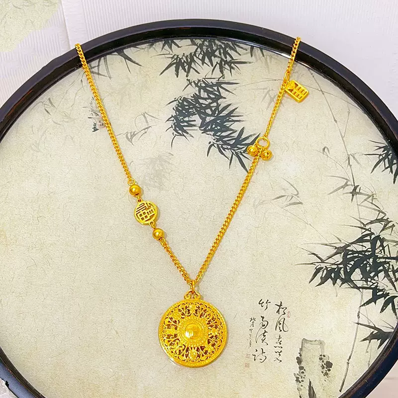 18k金八宝罗盘项链Au750彩金镂空罗盘套链简约轻奢国潮风水贝黄金