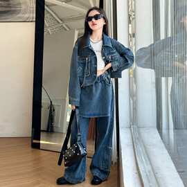 女童春秋季设计感牛仔套装2025新款中大童时尚女孩洋气个性两件套