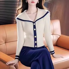 时尚慵懒风白蓝拼色海军领长袖针织开衫女秋冬款百搭好看减龄小衫