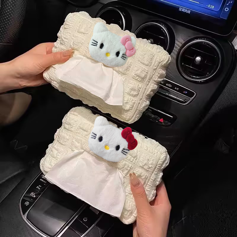Nuevo lindo Kitty caja de toallas de automóvil asiento de automóvil bolsa de extracción de papel para automóvil colgante cubierta femenina super suave puff