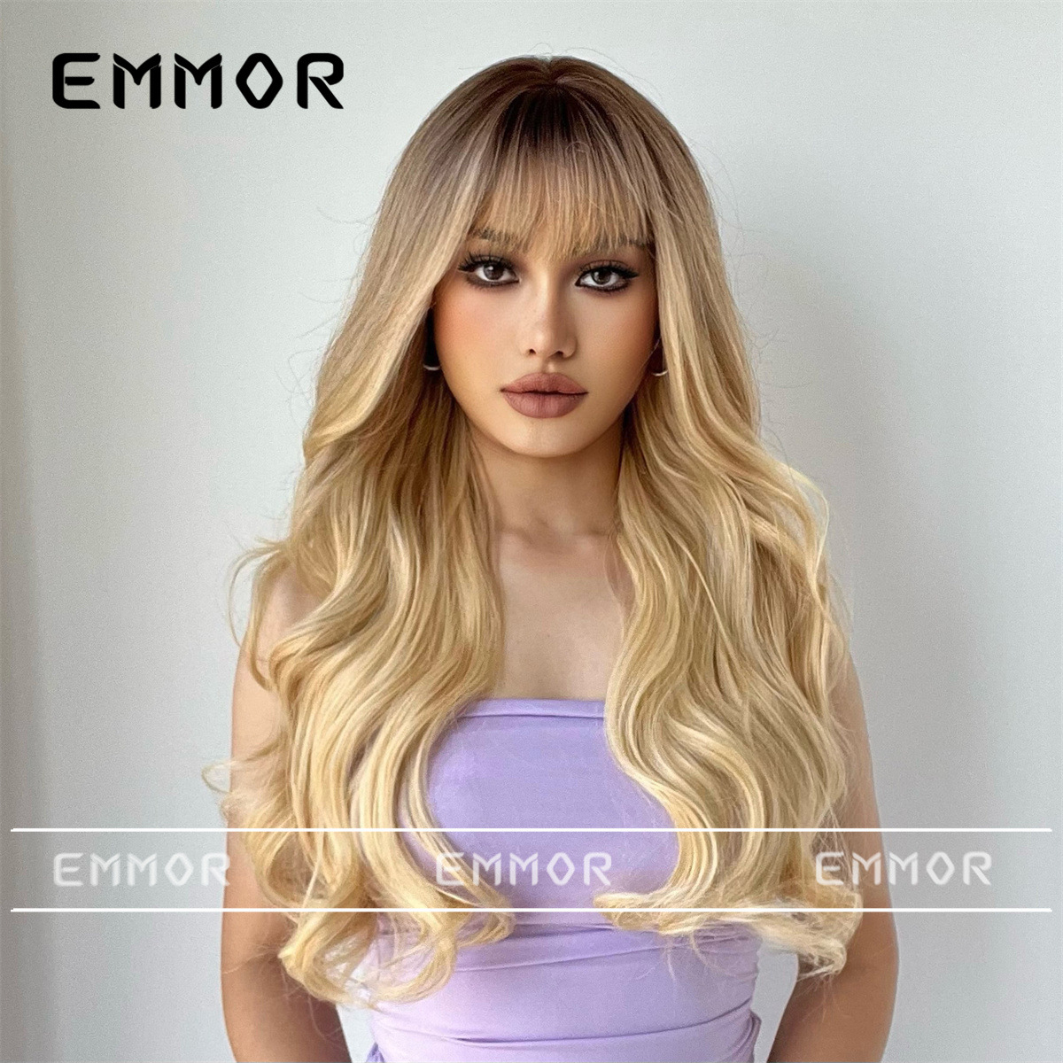 Cubierta de cabeza completa de comercio exterior transfronterizo europeo y americano Negro Gradiente Dorado Bangs largo pelo rizado Peluca de onda grande para las mujeres