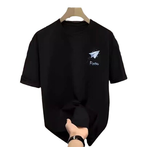 Summer Top Black Ice Silk Hong Kong Style Unisex T-Shirt Versatile Simple Top Couple Set Unisex Same Style Short Sleeve Trendy