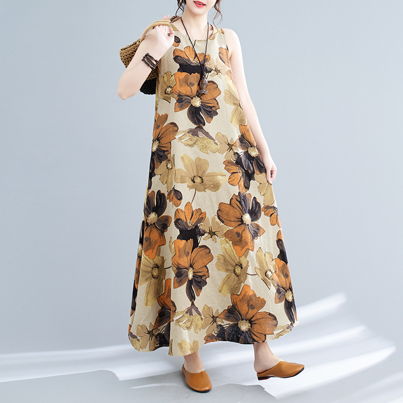 Vestido midi estampado sem mangas com gola redonda, estilo boêmio, plus size, para o verão de 2024._voghion.com