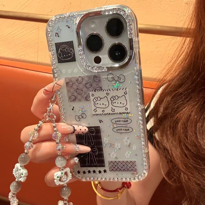 漫画かわいい KT 猫リボンコラージュラベル Apple 16promax 携帯電話ケース iphone15 ダイヤモンドがちりばめられています|undefined