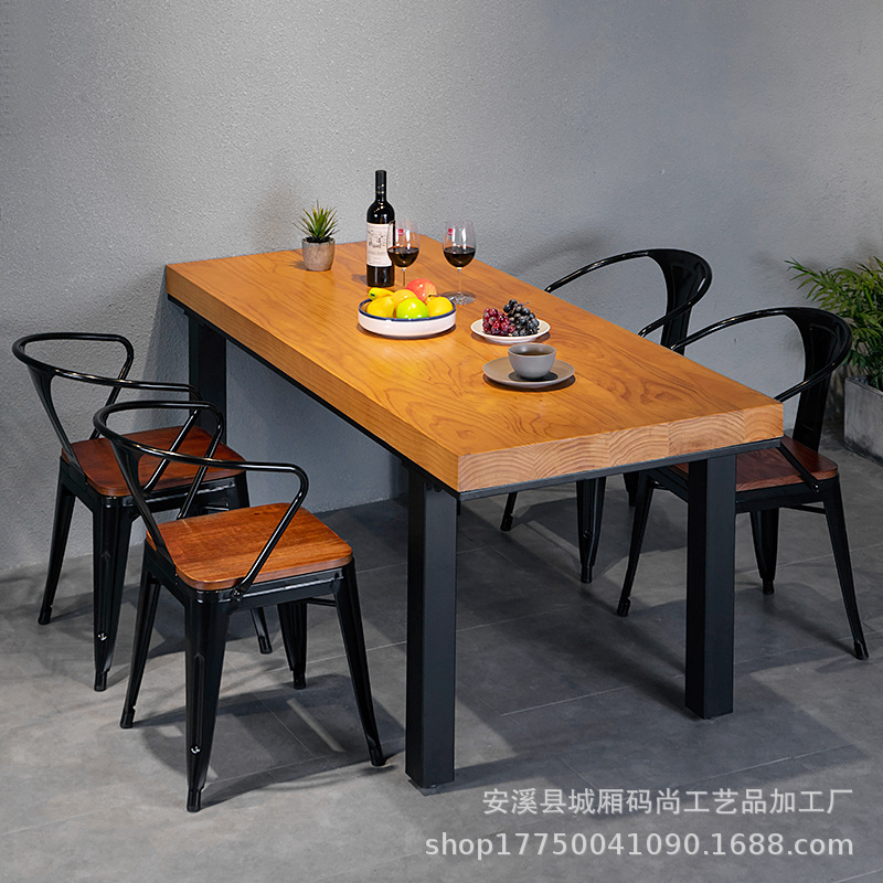 American Restaurant Fast Food Restaurant Bar Retro Industrial Style Table Simple Clear Bar Barbecue Restaurant Solid Wood Dining Table and Chair Combination