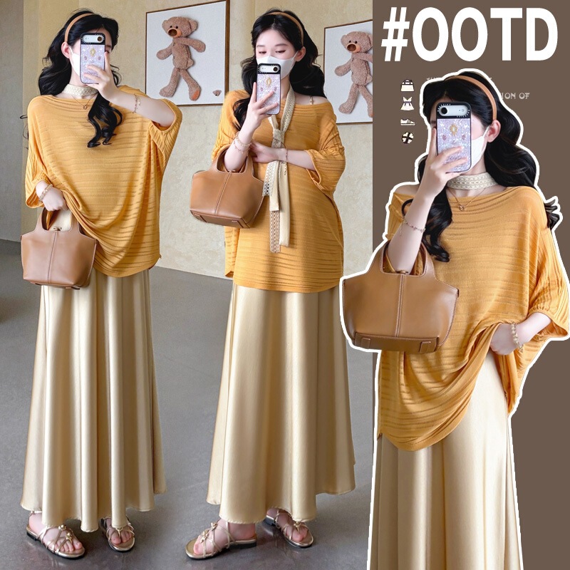 Maternity Wear 2026 Spring and Summer New Large Size Satin Suspender Skirt + Knitted Top Two-Piece Set Maternity Dress
