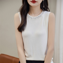 領口燙鑽時尚圓領吊帶背心女外穿洋氣小香風內搭冰絲無袖針織上衣