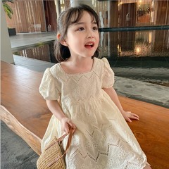 Korean version girls' summer dress new baby girl short sleeve cotton skirt fashionable children lace princess dress wholesale