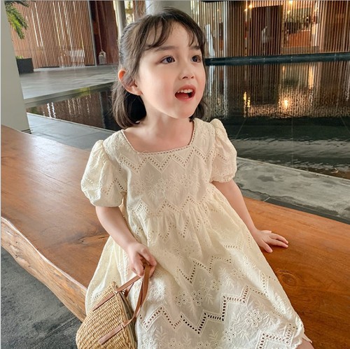 Korean version girls' summer dress new baby girl short sleeve cotton skirt fashionable children lace princess dress wholesale