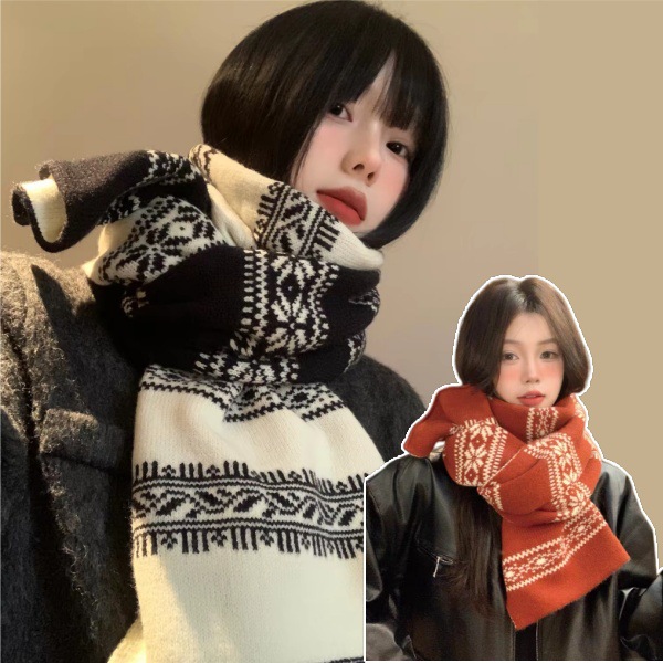 Fair Isle scarf for women, 2026 autumn and winter new style, snowflake knitted double-sided warm scarf, versatile thickened neck warmer, Korean style