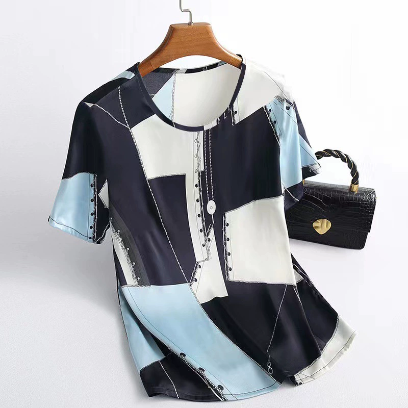 Футболка из искусственного шелка, топ, летняя новая ледяная шелковая с принтом, покрытие живота матери, стильная Базовая рубашка больших размеров для женщин