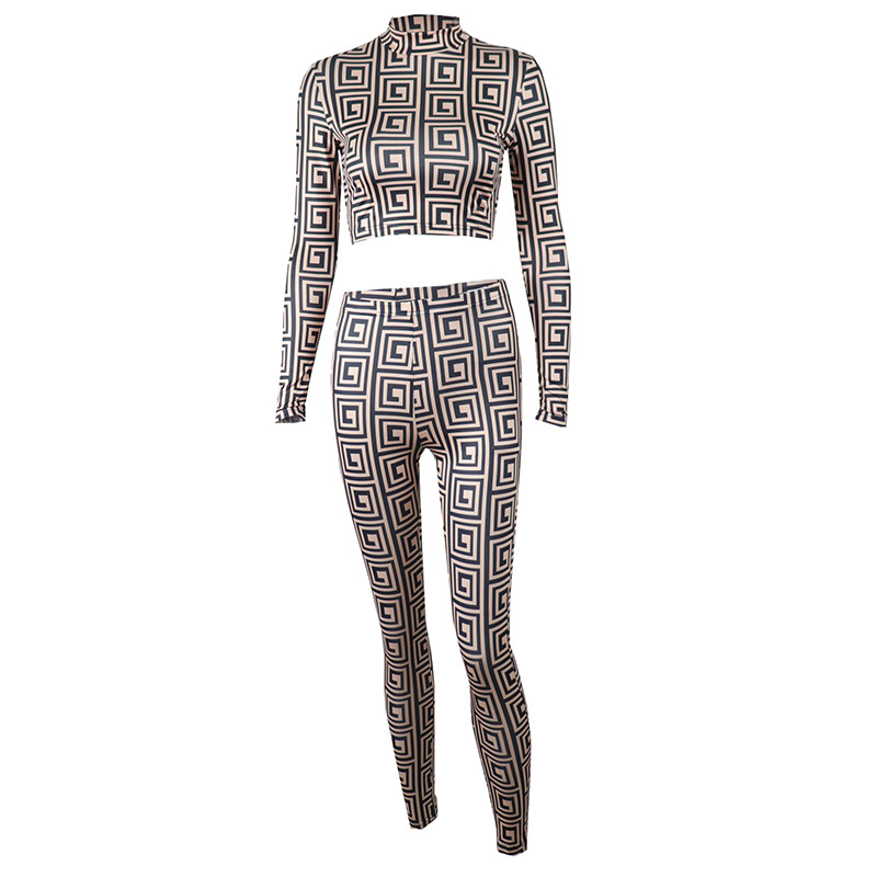 print round neck long-sleeved tight high waist top and trousers suit NSJYF126366