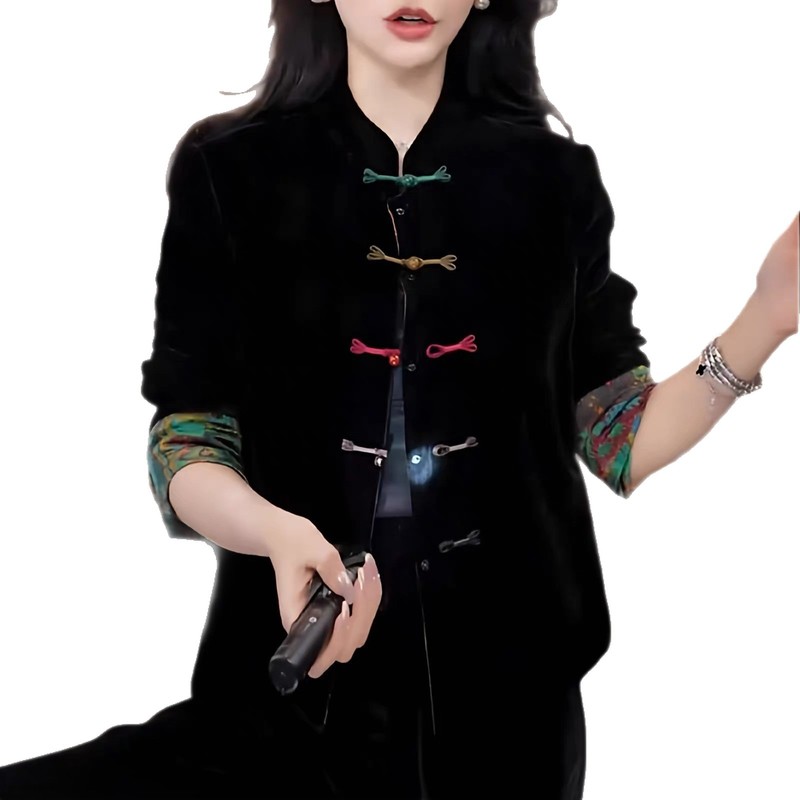 新中式国风高档盘扣黑色外套女2025秋季新款复古印花时尚宽松上衣|undefined