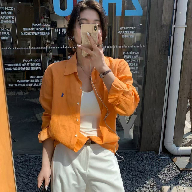 Rl Ralph Orange Shirt with Polo Collar for Women, Summer Thin Style, Outerwear Cardigan, Loose Long-Sleeve Top, All-Season Shirt