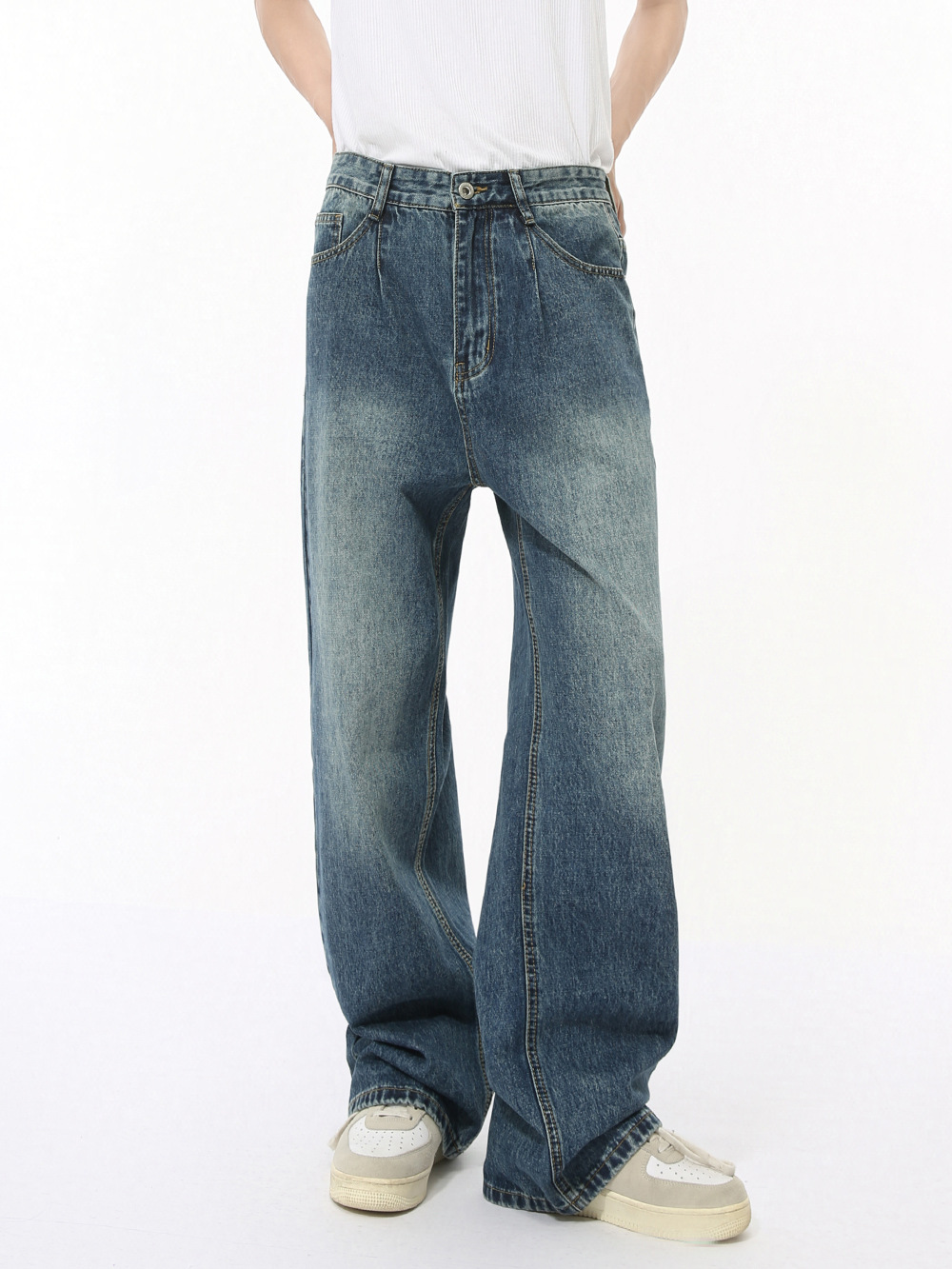 MTLCLOTHES Hombres| Retro americano hecho viejo blanco pulido rectas piernas largas jeans de calle de moda casual