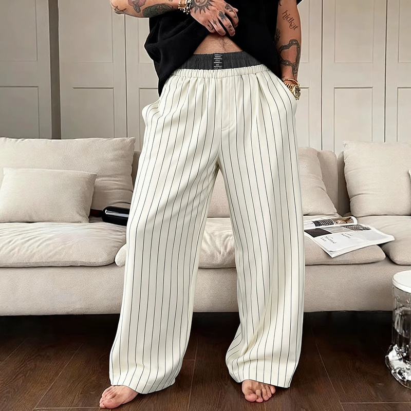 Fake two-piece double-layer wide-leg trousers with contrasting stripes, casual long pants, straight loose fit, light business elastic waist pants Fake two-piece double-layer wide-leg trousers with contrasting stripes, casual long pants, straight loose fit, light business elastic waist pants