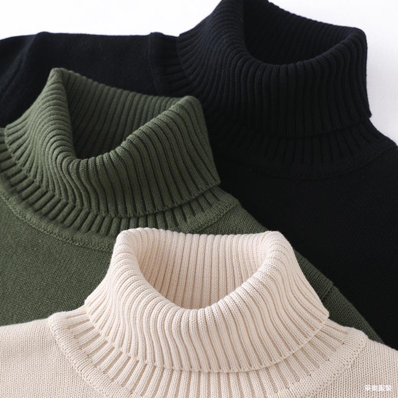 Men's Thickened 100 Pure Cotton Knitted Sweater Autumn and Winter New High Collar Turtleneck Simple Long Sleeve Sweater Base Shirt