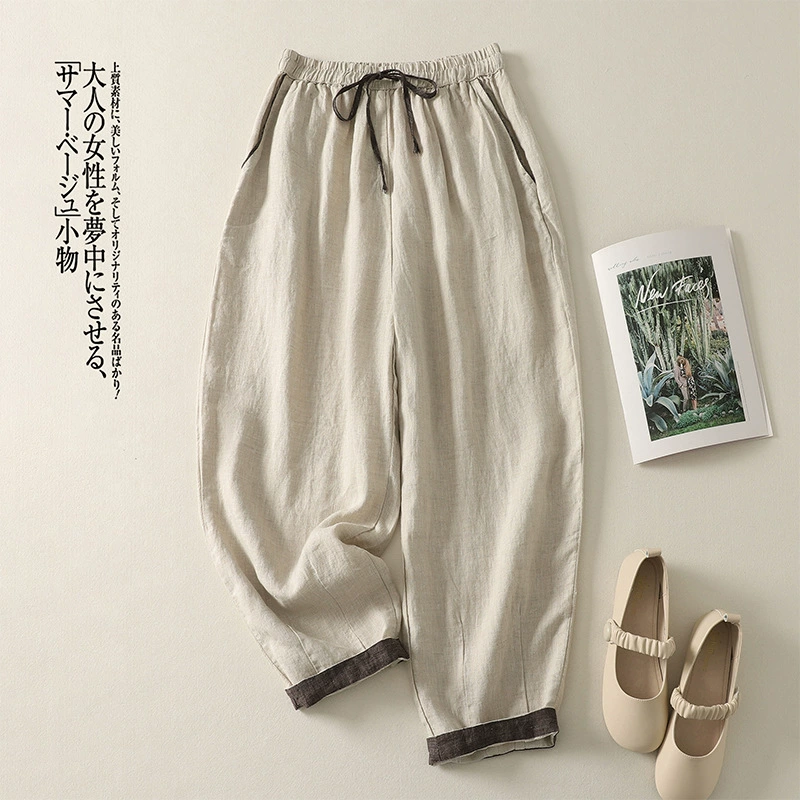 Настоящая фотография летних новых свободных утягивающих однотонных прямых брюк с высокой талией для женщин, миниатюрные шаровары