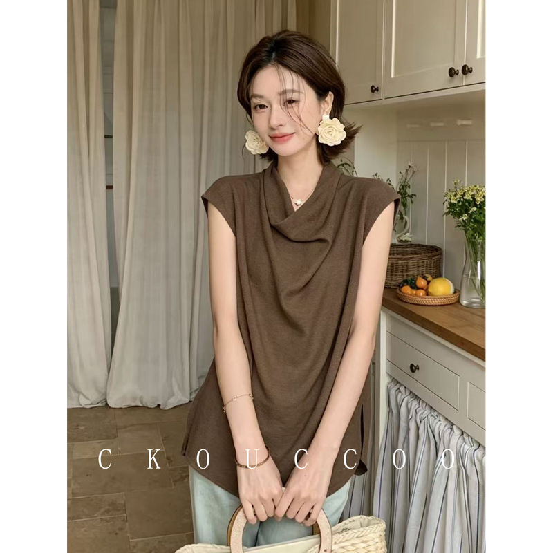 Rongtai Smoke Shadow Multi-Color Tencel Silk Swing Collar Shirt for Women, Sleeveless, Loose Fit, Casual Versatile Summer Top