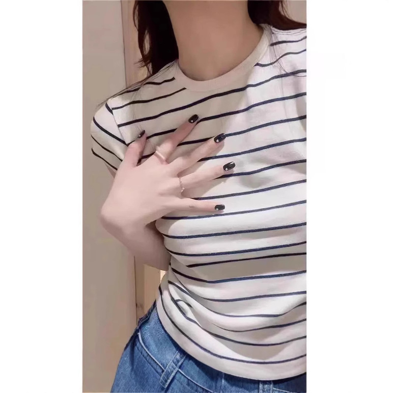 BM Style New Arrival Vintage Contrast Striped Top Bm All-Match Cotton High Waist Short-Sleeved T-Shirt Women's Ins Trendy