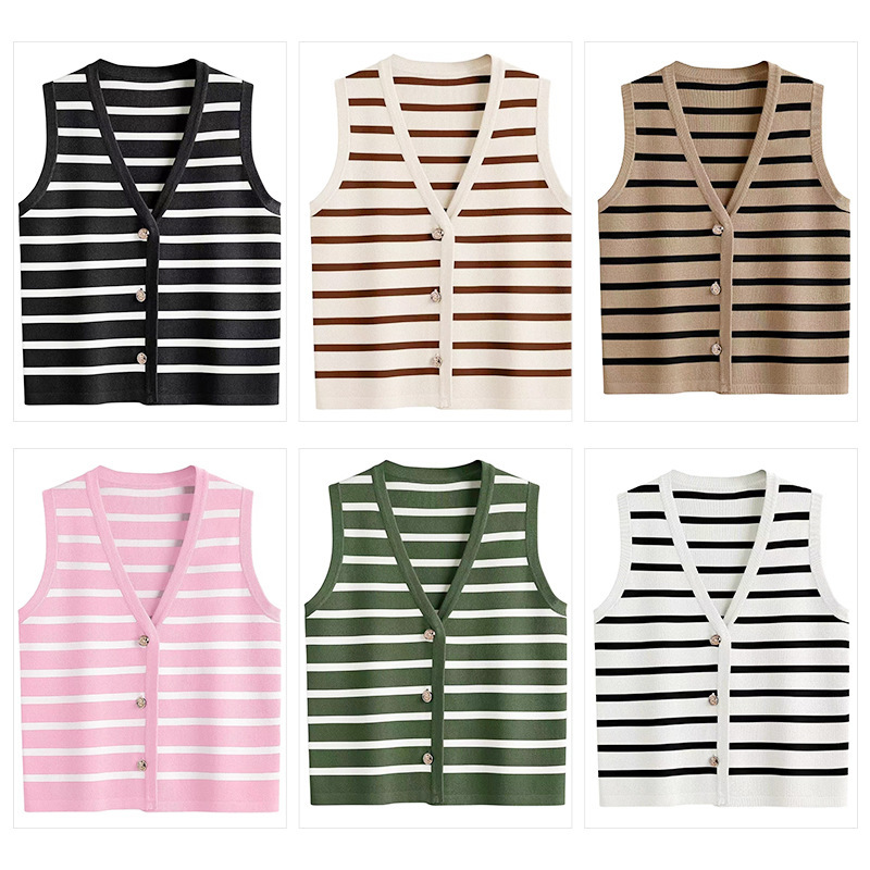 Cross-border Foreign Trade European and American Women's Knitted Striped Vest Sleeveless Button Cardigan Top Short Vest Sweater Vest