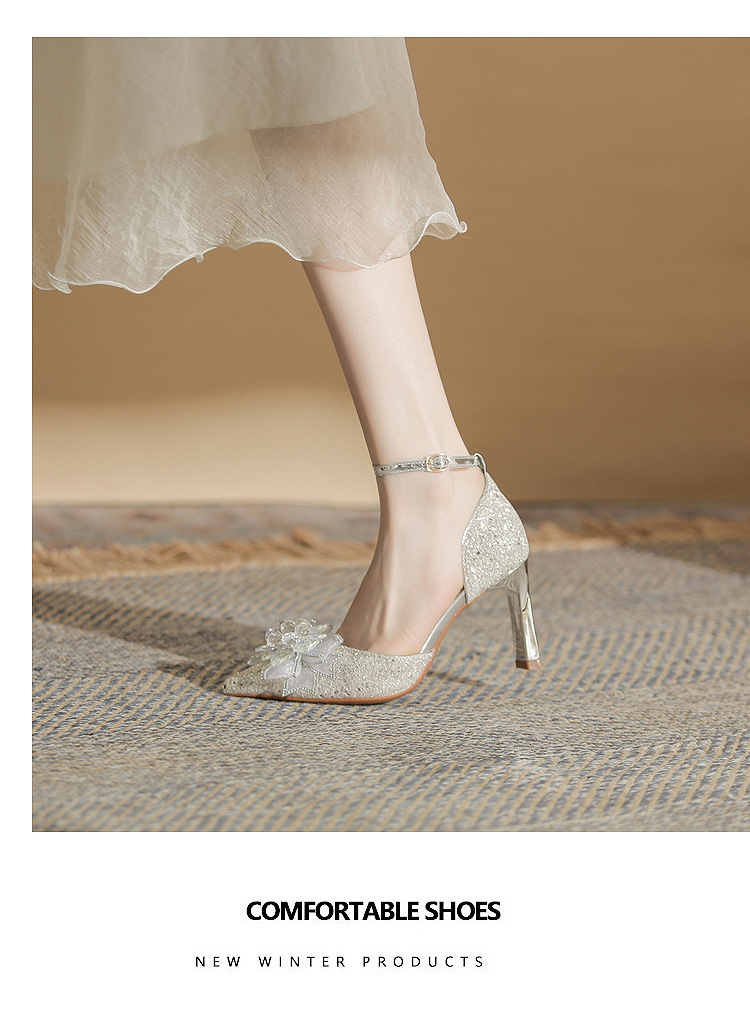 Giày sandal cao gót nữ quai ngang mũi nhọn bạc — Màu bạc chi tiết 10