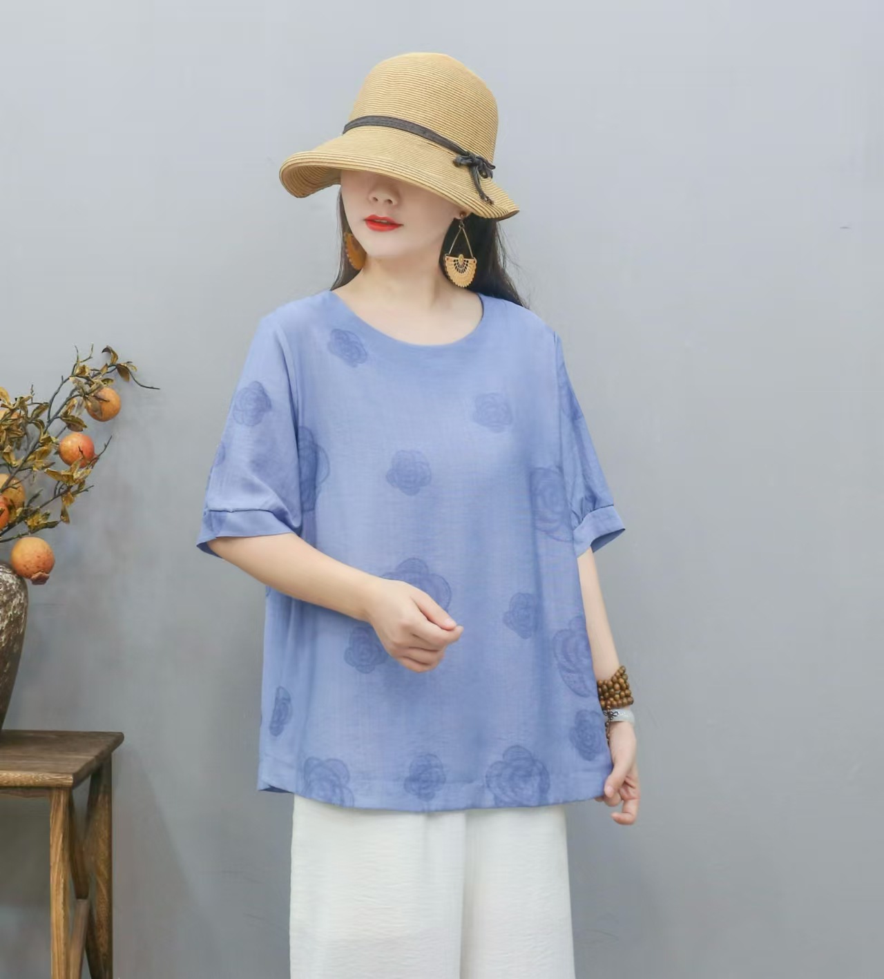 Cross-border nueva camiseta de mujer china impresa camiseta de mujer de manga corta camiseta base de verano overhead cuello redondo artístico ocio image 12