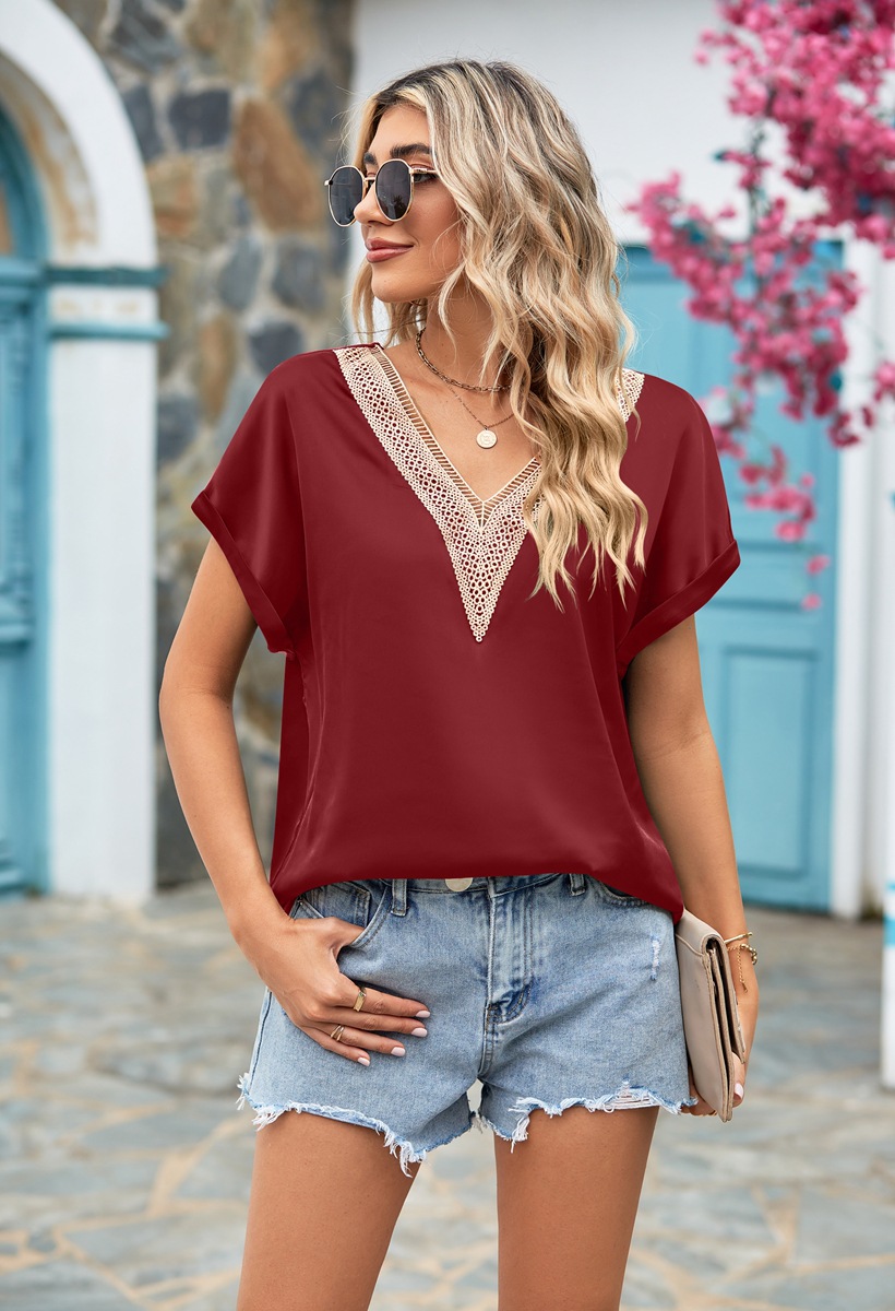Women's Blouse Short Sleeve Blouses Lace Casual Solid Color display picture 3