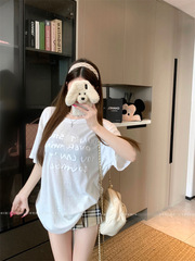 韓国白文字プリントコットン半袖 Tシャツ女性のための夏 2025 新しいカジュアルルーズレイジースタイルトップ