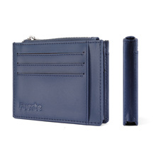 定制简约薄款一片式拉链包真皮拉链双面卡包多功能RFID防盗零钱包