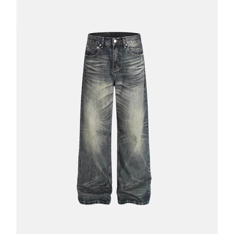 Men's American Retro Distressed Whiskered Jeans Clean Fit Slimming mid Waist Loose Casual Versatile Long Pants Kpop Normcore_mkmklike.com