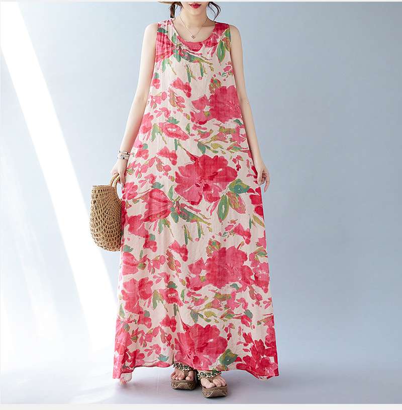 Real Shot Of The 2024 Summer New Bohemian Artistic Loose Sleeveless Round-neck Printed Mid-length Dress For Women_ecoleips.com