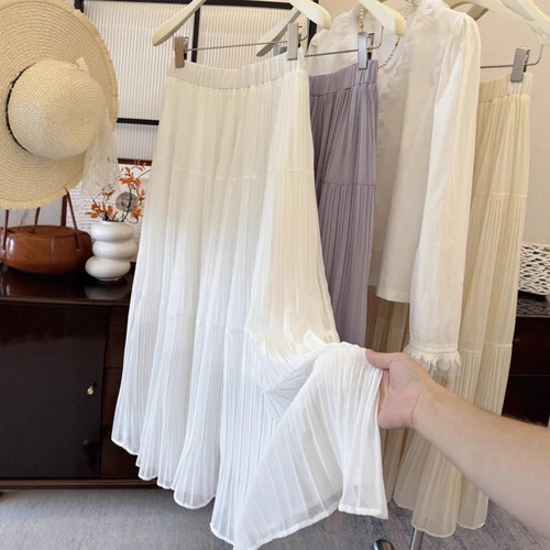 Rain and mist wisteria pleated gentle skirt Spring and autumn new loose large skirt A-line long dress all-match skirt for women