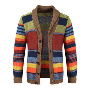 2024 AliExpress foreign trade new European and American men's sweater coat autumn and winter lapel color matching knitted cardigan