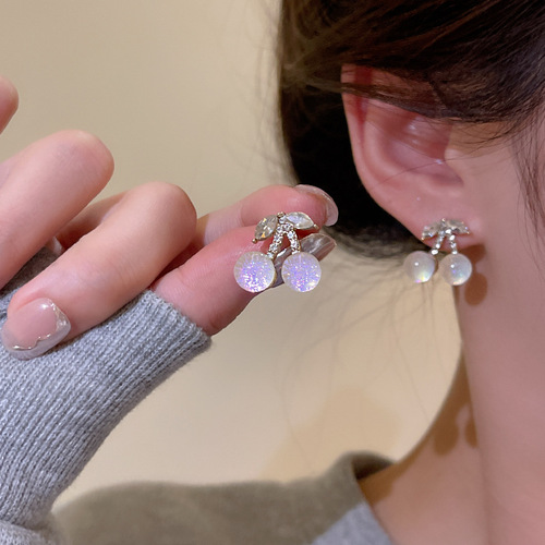 925 silver needle Korean small fresh dreamy gradient cherry earrings women's ins fashion versatile temperament zircon earrings earrings