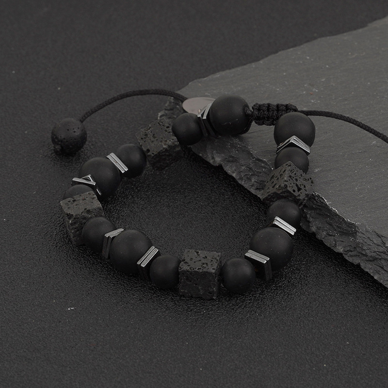 2023 Cross-border Quick Sale Lava Square Volcanic Stone Bracelet Men's Matte Black Glass Beads Adjustable Bracelet