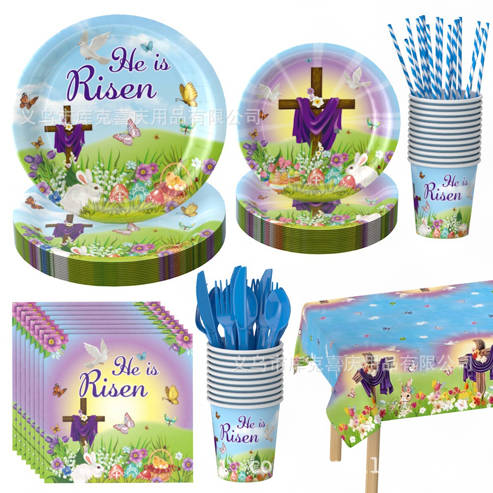 Pascua Cruz Holy Light Theme Bandeja de papel desechable Taza de papel Toallas de papel Mantel Suministros de vajilla Decoración navideña